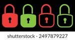 Collection of opening and closing lock icons. Flat vector illustration isolated on black background.Red close lock green open lock icon.