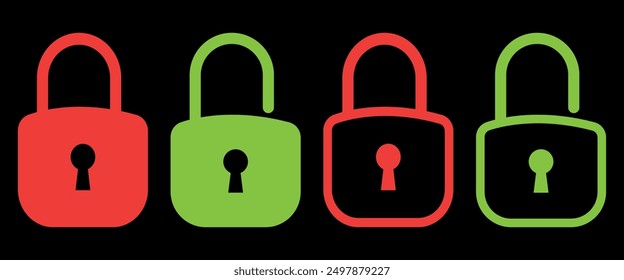 Collection of opening and closing lock icons. Flat vector illustration isolated on black background.Red close lock green open lock icon.