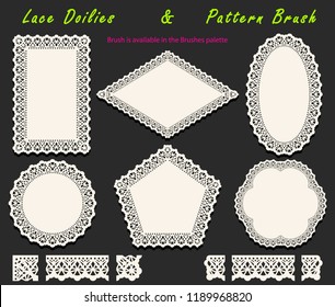 Collection of Openwork White Lace pattern brush and diversified lacy napkins, doilies and tracery elements. Vector illustration.