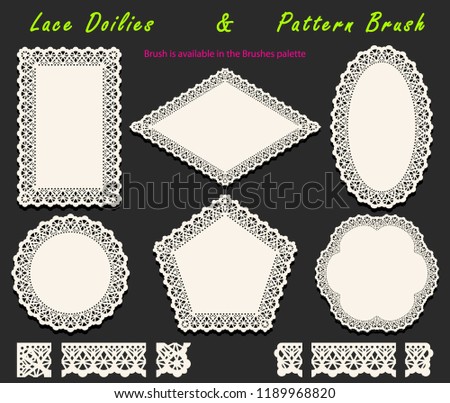 Collection of Openwork White Lace pattern brush and diversified lacy napkins, doilies and tracery elements. Vector illustration.