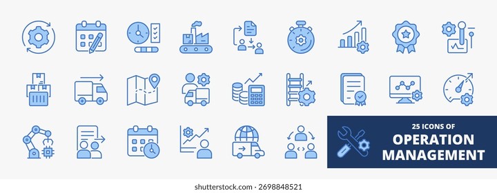 Una colección de iconos de gestión de operaciones adecuados para aplicaciones de Web y móviles. Conjunto de iconos de estilo azul de contorno con proceso, planificación, control, distribución, logística, monitoreo y más iconos.
