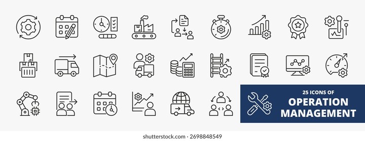 Uma coleção de ícones de gerenciamento de operações adequados para aplicativos móveis e da Web. Conjunto de ícones de estilo de estrutura de tópicos com ícones de processo, planejamento, controle, distribuição, logística, monitoramento e mais.