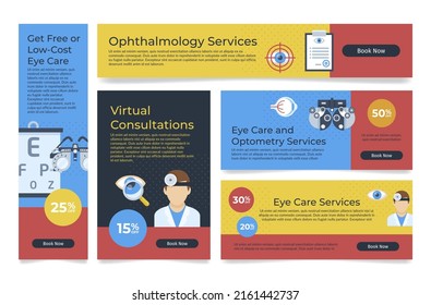 Collection ophthalmology service internet banner and poster with place for text vector illustration. Medical science researching clinical laboratory eyes vision checkup test experiments landing page