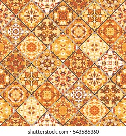Collection of orange abstract patterns in the mosaic set. Square scraps in oriental style. Vector illustration. Ideal for printing on fabric or paper.