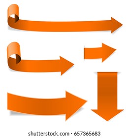 Collection of orange arrows. Matted scrolls. Vector 3d illustration isolated on white background