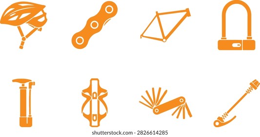 A collection of orange bicycle accessory icons representing cycling gear, maintenance tools, and safety equipment on a white background.