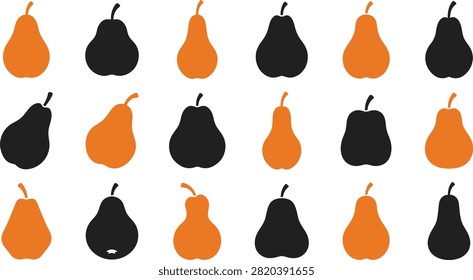 Collection of orange and black pear vector icons. Set of pear fruit silhouettes in various shapes.