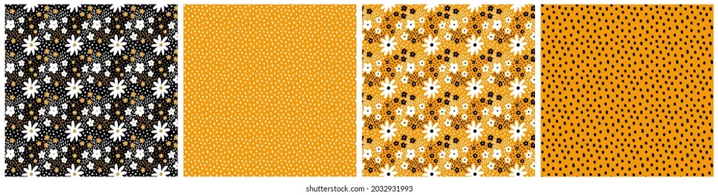 Collection of orange, black, white color Polka dot and Ditsy floral vector seamless pattern. Small meadow flowers. Tiny wildflower texture set, backgrounds for fashion print, textile, wrap paper