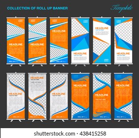 Collection of Orange and blue Roll Up Banner Design polygon background, advertisement, display, flyer vector