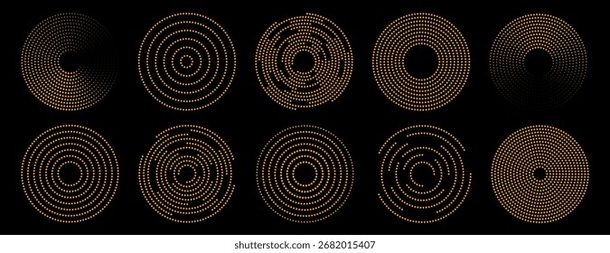 Colección de círculo naranja con varios diseños, incluyendo espirales, anillos concéntricos y patrones de puntos de semitono iconos vectoriales	