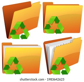 Colección de carpetas de color naranja que contienen hojas de papel o no con el símbolo de reciclaje