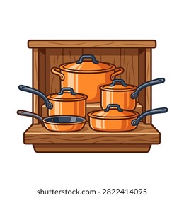 A collection of orange colored cooking pots and pans displayed neatly on a wooden shelf, ready for kitchen use.