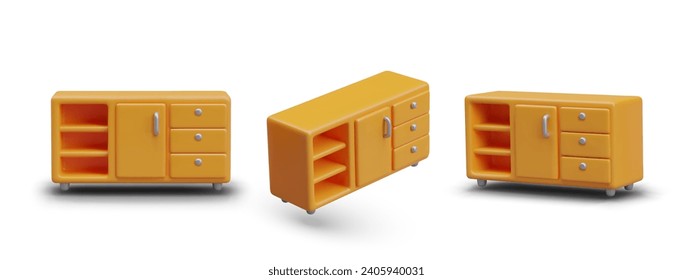 Collection with orange commode with open and closed shelves in different positions. Model for online computer game. Vector illustration in 3d style with shadow