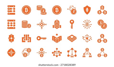 Una colección de criptomonedas naranjas e íconos de la tecnología blockchain