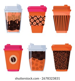 Uma coleção de copos de café descartáveis laranja com tampas. Perfeito para menus, adesivos, pinos, ícones e vários designs de web e impressão. Ilustrações de vetor desenhadas à mão são isoladas em um fundo branco