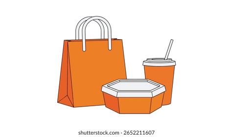 Collection of orange food packaging items including a shopping bag a hexagonal container and a takeaway drink cup with a straw