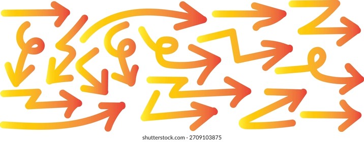 Collection of orange hand drawn arrow. Different shapes pointing directions