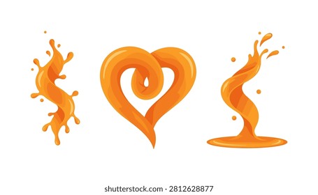 Collection of orange juice splashes in heart and spiral shapes with beverage splashing orangejuice abstract tropical