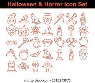 Collection of orange line icons featuring Halloween elements. Includes spooky ghost, pumpkin, vampire, spider, and other scary symbols on white background.