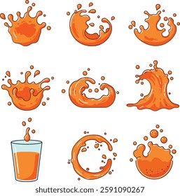 A collection of orange liquid splashes displaying different forms and motions, evoking a sense of energy and playfulness in the scene.