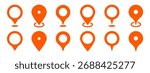 Collection of orange map pin vector icon. Marker location icon set