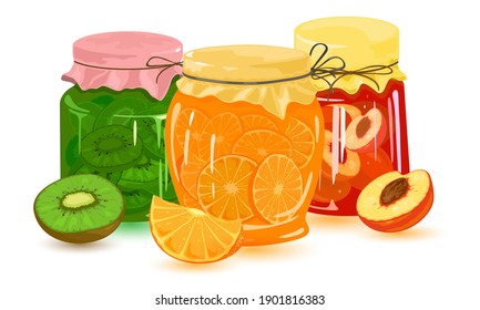 Collection of orange, peach, kiwi and apricot canned jams. Vector nutritious and vitaminized dessert made of natural ingredients, homemade marmalade design isolated on white background