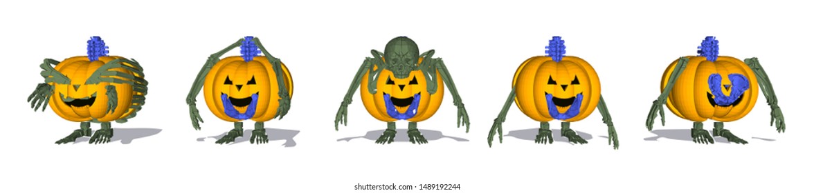 Collection of orange Pumpkin bones skeleton Halloween, vector logo of a cartoon character ghost on a white background. The main symbol of the Happy Halloween holiday. - Vector