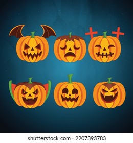 Collection of Orange Pumpkin face expressions on white background. Add Pumpkin emoji smile to your design for Happy Halloween Holiday. Vector Illustration