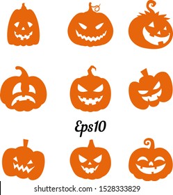 Collection of orange pumpkins for decoration for Halloween holiday, silhouette on a white background, vector