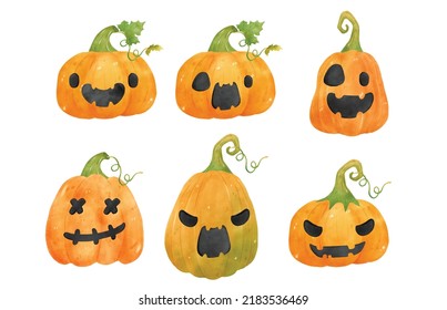 collection of orange pumpkins watercolor with face jack o lantern, collection hand drawn illustration vector