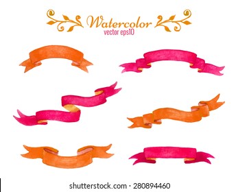 Collection of orange and purple watercolor ribbon banners isolated on white background. Set  of elegant  hand drawn elements for design. Vector illustration. Image trace.
