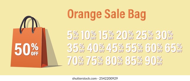 Collection of orange shopping bag with various discount percentages for retail promotion