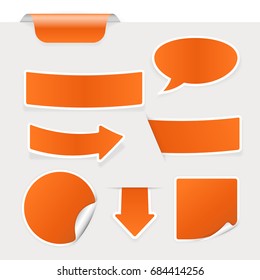 Collection of orange stickers with white frame and transparent shadow. Vector 3d illustration on gray background