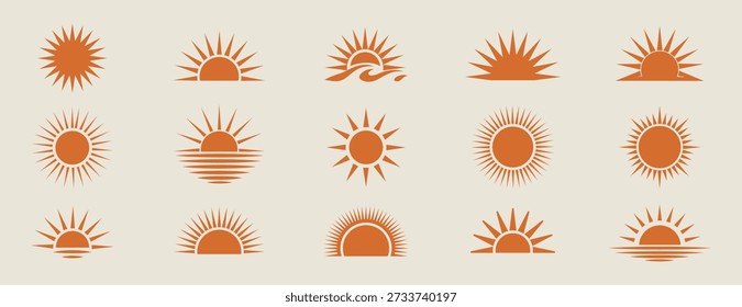 Kollektion von Orange Sun Icons mit verschiedenen stilistischen Darstellungen von Sonnenaufgängen und vollen Sonnen