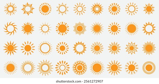 Collection of orange sun icons in various styles, featuring rays, circular shapes, and abstract designs, perfect for weather apps, logos, and graphic design projects.