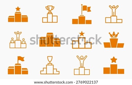 Collection of orange trophy and podium icons representing victory, success, competition, and sports achievement.