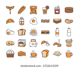 Colección de íconos de color naranja y blanco con huevos, pan, café y desayunos.