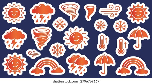 A collection of orange and white weather icons and symbols, including suns, clouds, rain, lightning, tornadoes, wind, snowflakes, thermometers, umbrellas, and rainbows, arranged on a dark blue background.