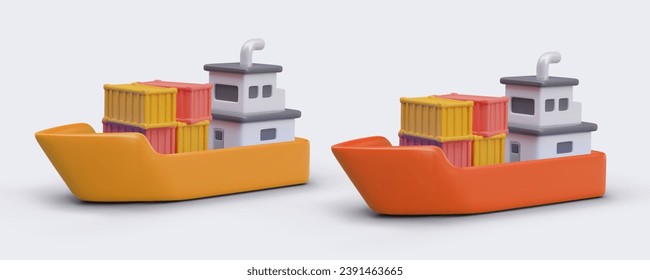 Collection with orange and yellow boats carry cargo. Tanker with different containers on board. Vector illustration in 3D style with gray background and shadow