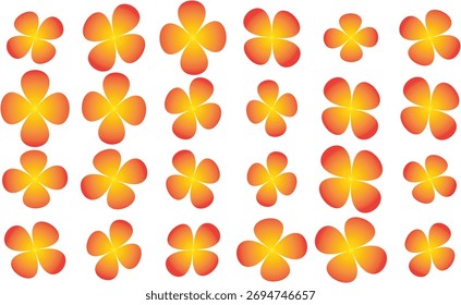 Una colección de flores de gradiente naranja y amarillo con cuatro pétalos, dispuestos en un patrón de cuadrícula y aislados en un