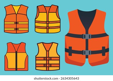 Collection of orange and yellow life jackets in various designs on a blue background