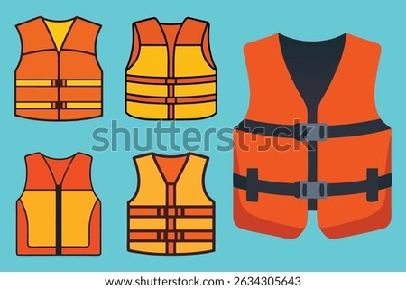 Collection of orange and yellow life jackets in various designs on a blue background