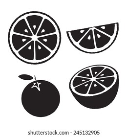 Collection of oranges, icons set, black isolated on white background, vector illustration.