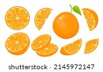Collection of oranges.A set of orange icons, slices, an orange cut in half, circles.Vector illustration of oranges for advertising, social networks, websites.