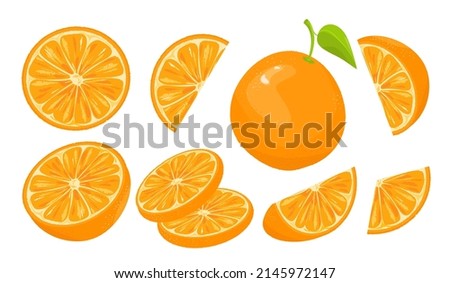 Collection of oranges.A set of orange icons, slices, an orange cut in half, circles.Vector illustration of oranges for advertising, social networks, websites.
