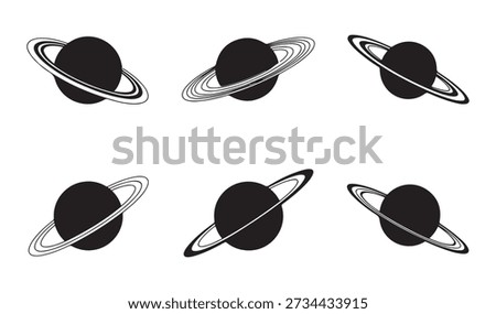 Collection of orbital planet silhouettes, simple space travel graphics, cosmological logo design components