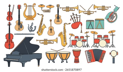 Coleção de instrumentos orquestrais de corda de sopro de latão de percussão e teclado