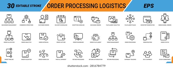 Collection of order processing logistics icons with editable strokes, suitable for web and mobile interfaces.