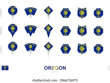 Colección de la bandera de Oregón en diferentes formas y con tres efectos diferentes. Indicador de vector establecido.