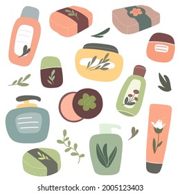 Collection of organic cosmetics, natural cosmetics and body care products. Vector hand-drawn isolates in flat style.